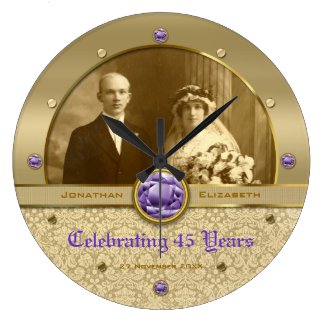 Custom Photo Clock Gold Amethyst Purple Gem Damask