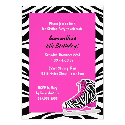 Custom Photo Ice Skating Zebra Birthday Party Personalized Invites