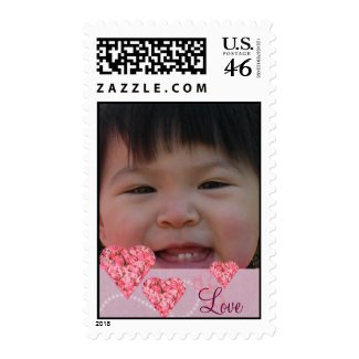 Custom Photo Postage Stamp with Pink Hearts Love