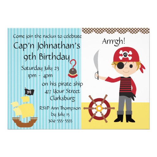 Custom Pirate Boy Birthday Party Personalized Invite