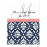Custom RSVP Navy Damask Wedding Postcard