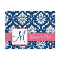 Custom RSVP Pink Navy Damask Wedding Postcard
