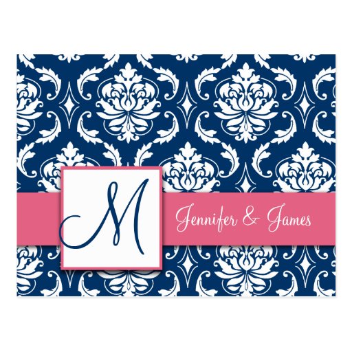 Custom RSVP Pink Navy Damask Wedding Postcard