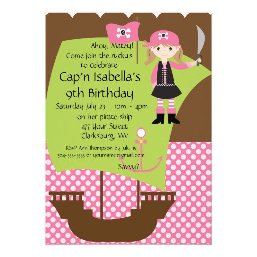 Custom Savvy Pirate Girl Birthday Party Personalized Invites
