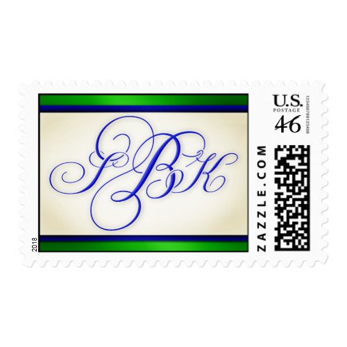 Custom Script Monogram Blue and Green Wedding stamp