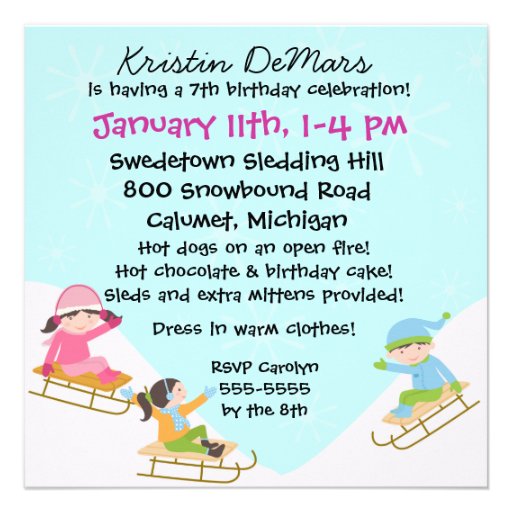 Custom Sledding Party Birthday Invitations