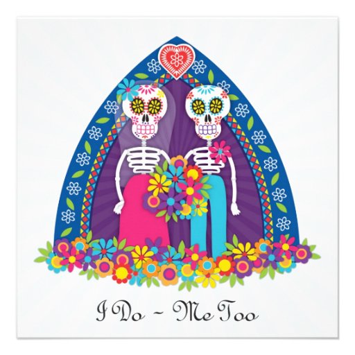 Custom Sugar Skulls and Flowers - Blue Background Personalized Invitations