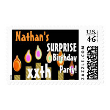 Custom SURPRISE Birthday Party Stamp GOLD Candles