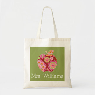 Custom Teacher Apple with Trendy Floral Pattern Canvas Bag