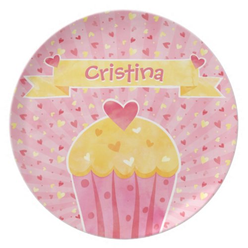 Custom Text Cupcake (pink / yellow) Dinner Plate