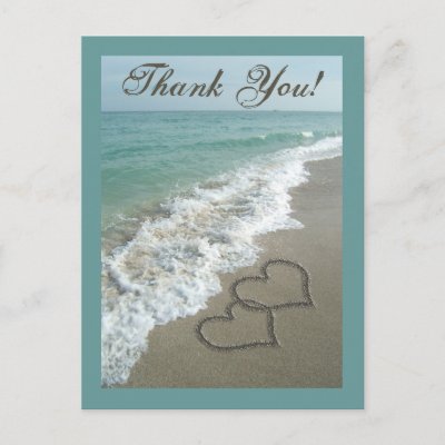 Custom Thank You Postcard- Sand Hearts/Aqua Beach