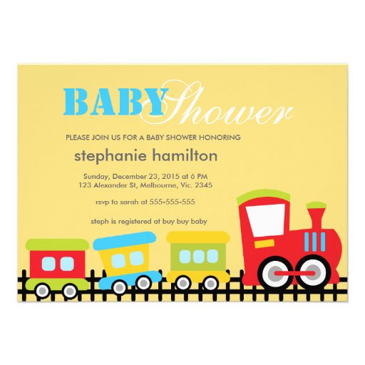 Custom transportation train baby boy shower personalized invites