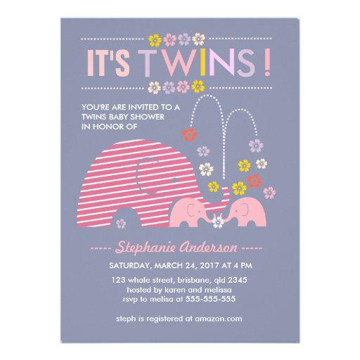 Custom twins baby elephant and flower shower announcement