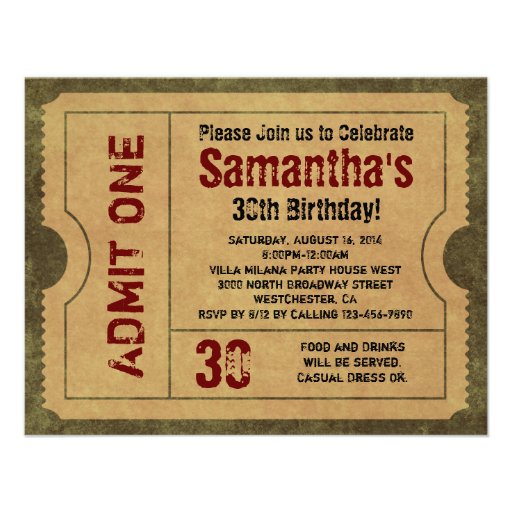 Custom Vintage Gold Admit One Ticket Invitations (front side)