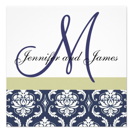 Custom Wedding Invitation Monogram Blue Damask