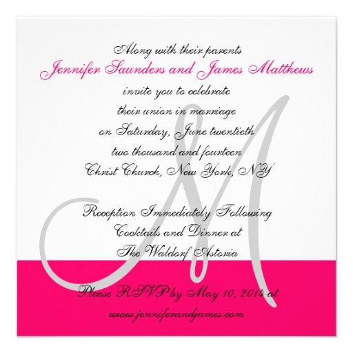 Custom Wedding Invitation Monogram Name Pink Black