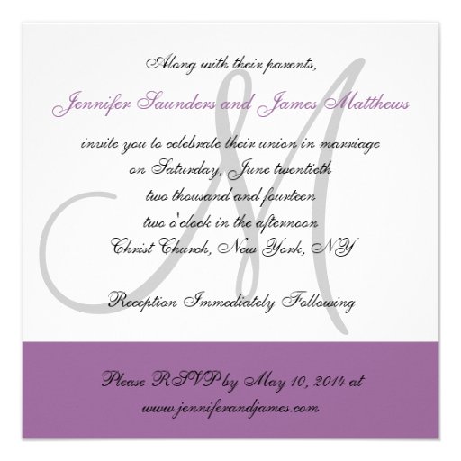 Custom Wedding Invitation Monogram Names Purple