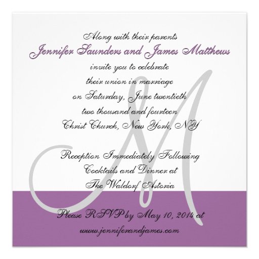 Custom Wedding Invitation Monogram Names Purple