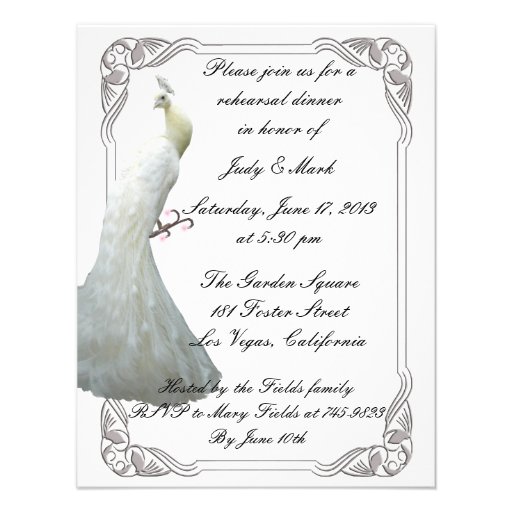 Custom White Peacock Rehearsal Dinner Invitation