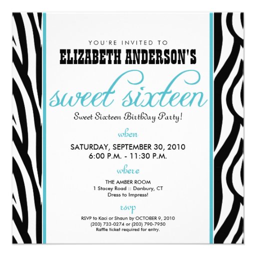 :custom: Zebra Sweet 16 Party Invitation (aqua)