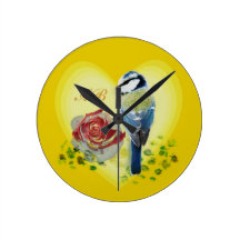 Customizable: Bird and rose Round Wallclocks