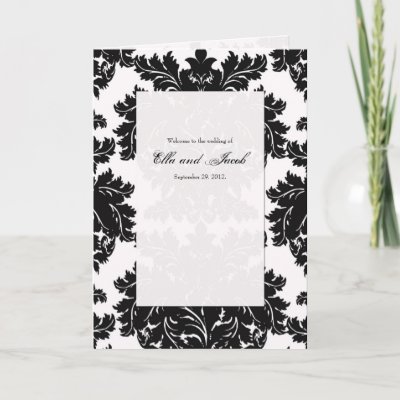 Customizable Black Damask Wedding Program Folded Greeting Cards By