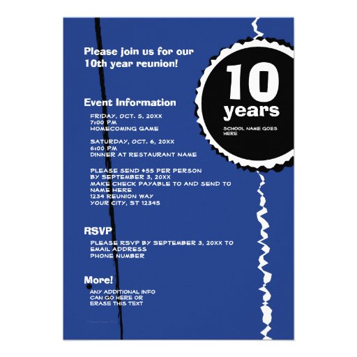 Customizable Blue 10 Year Class Reunion Invitation