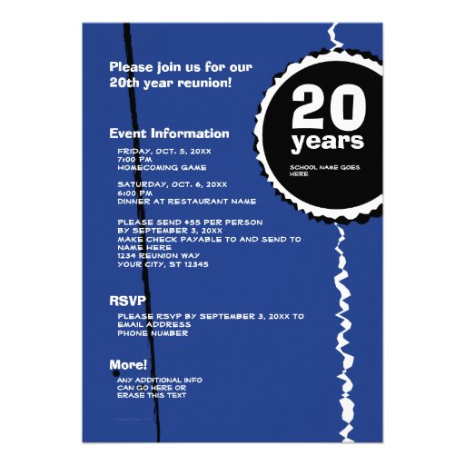 Customizable Blue 20 Year Class Reunion Invitation
