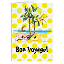 bon voyage, save travel, greeting cards, travel, summer, sun, fun, dots, yellow, palm, trees, water, beach, bahamas, caribbean, ginette, desings, simple, original, exotic, Card with custom graphic design