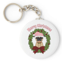 Customizable Christmas Holiday Pug Wreath Keychains