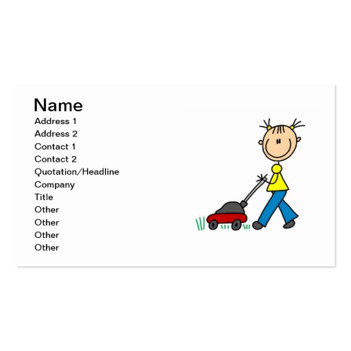 Customizable Girl Mowing Lawn Business Cards (front side)