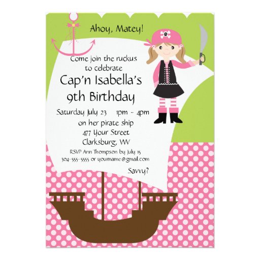 Customizable Girl Pirate Ship Birthday Party Personalized Invitation