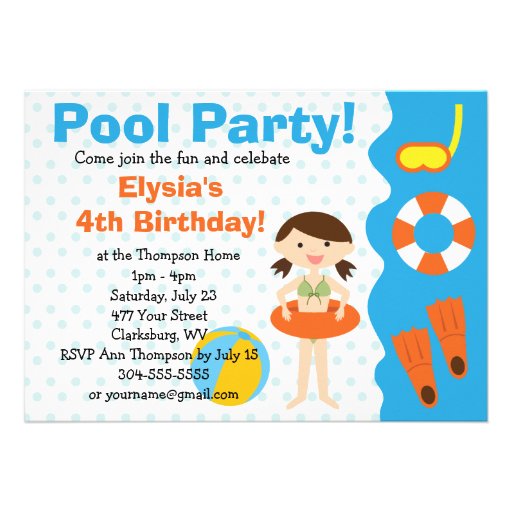 Customizable Girl Pool Party Birthday Custom Announcement