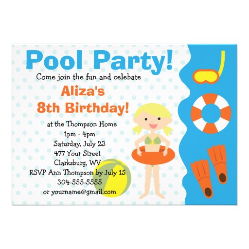 Customizable Girl's Pool Party Birthday Custom Invitations