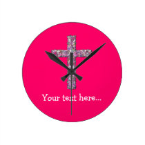 Customizable Hot Pink Cross Round Clocks