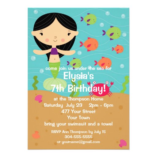 Customizable Little Girl Mermaid Birthday Party Personalized Announcement (front side)