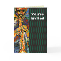 music, paintings, oil paintings, fine art, invitation, ginette, blues, jazz, party, soul music, elegant, classy, contemporary, original, ooak, designs, unique, dark, horns, saxophone, Card with custom graphic design