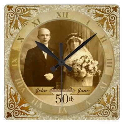 Customizable Photo Clock Gold Damask Roman Numeral