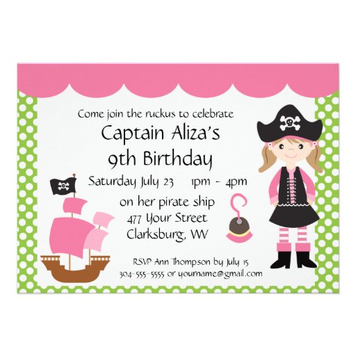 Customizable Pink Pirate Girl Birthday Party Invite
