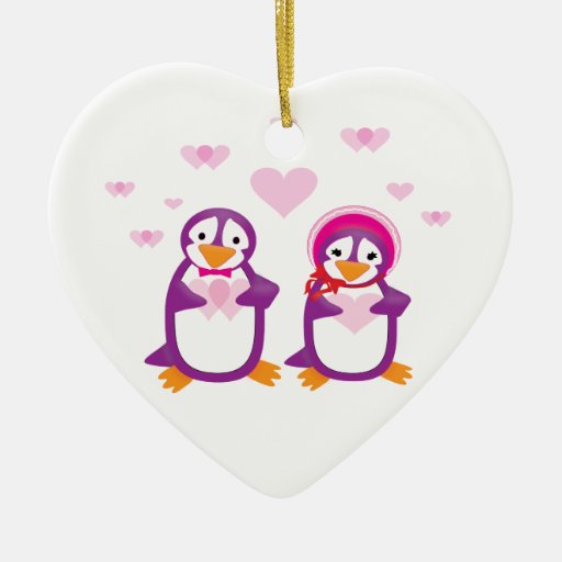 Customizable Purple Valentine Penguins Ornament