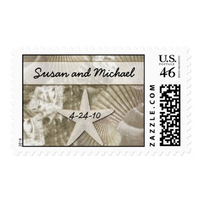 Customizable Sea Shell Wedding Stamps - Gold