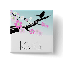 Customizable sparrow bird cherry blossoms graphic pinback buttons