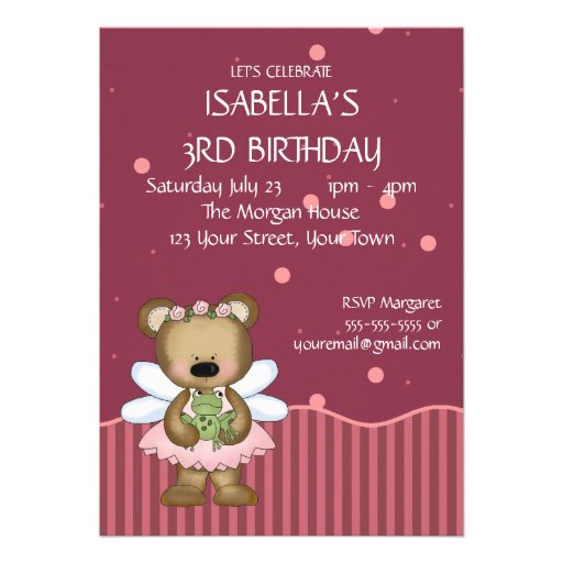 Customizable Teddy Bear Pink Fairy Princess Invitation
