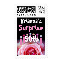 Customized 50th Birthday with Pink Rose & Candles Postage Stamp