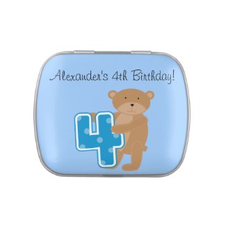 Customized Bear 4th Birthday Candy Tins and Jar