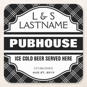 Customized Couple  Pubhouse Beer Here Square Paper Coaster