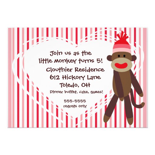 Customized Girl Sock Monkey 5x7 Invitations