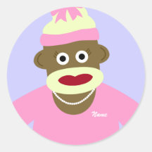 Customized Name or Monogram Sock Monkey Girl Round Stickers
