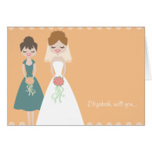 Customized Orange-Teal Be My Bridesmaid Cards