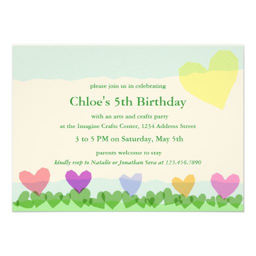 Cut Paper Hearts Sun and Flowers Birthday Party Personalized Invite